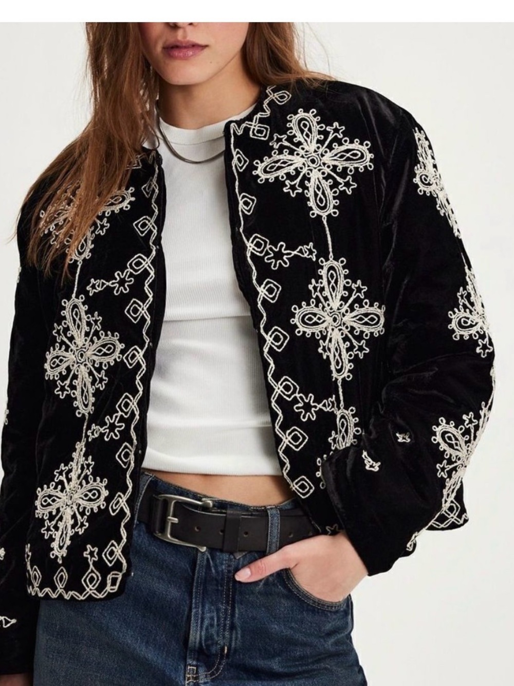 Free People Mia Jacket Embroidered Black Velvet Jacket